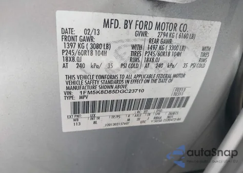 2013 Ford Explorer Xlt z USA, uszkodzony, nr VIN 1FM5K8D85DGC23710